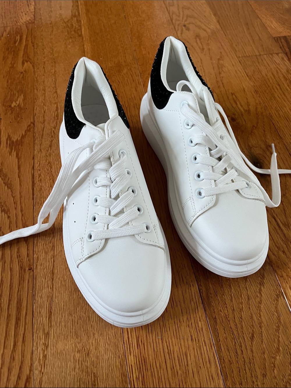 Women's White Lace-Up Sneakers with Black Heel Trim